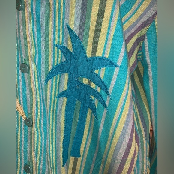 Green Stripe Linen Button Down Shirt Jacket Palm Tree Appliqué Woman’s Lg 12/14 - Picture 4 of 8